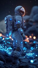 Fototapeta premium Close up photo of an astronaut walking on the surface of an alien planet with bioluminescent flora and a breathtaking alien sky