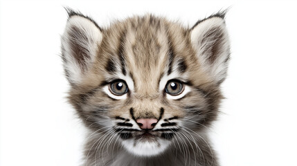 Close-up of a baby lynx with striking eyes and detailed fur, isolated on a white background. Perfect for wildlife and nature themes.  
