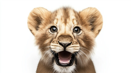 Obraz premium Close-up of a baby lion cub with an open mouth, isolated on a white background. Adorable expression perfect for wildlife and nature themes. 
