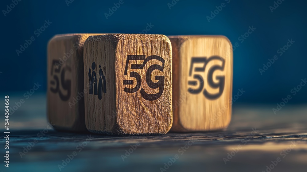Poster a 3d rendering of a wooden block featuring the 5g symbol, representing wireless technology, with use