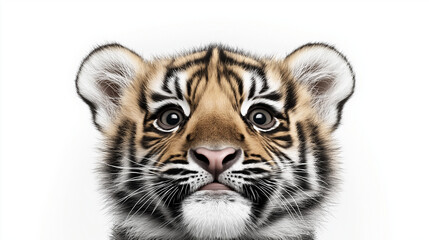Obraz premium Close-up of a baby tiger's face with large eyes and soft fur, isolated on a white background. Perfect for wildlife and nature themes. 