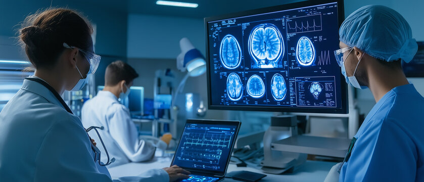 Biotechnologist science genomics. Genetics bioinformatics. Innovation bioengineering. A lab utilizing AI and biotechnology for scientific research.