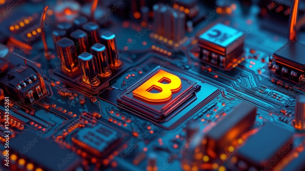 Poster a 3d render of a futuristic motherboard with a microchip displaying a document symbol, representing 