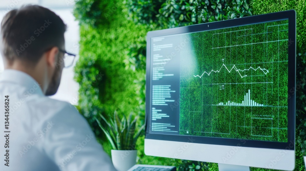 Poster business professional analyzing data on computer screen with greenery