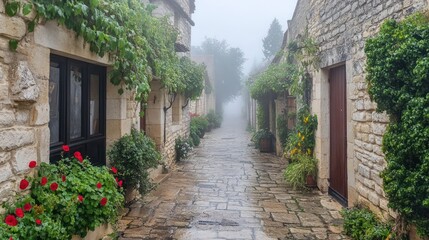 Obraz premium Foggy cobblestone alley in Italian village with stone houses and flowers