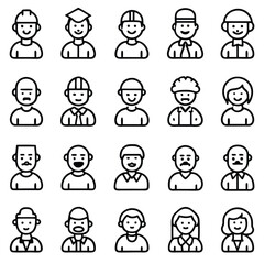Cartoon vector set of business people icons features diverse characters like men, women, children, and even a doctor, showcasing smiling faces and head avatars in a simple illustration design