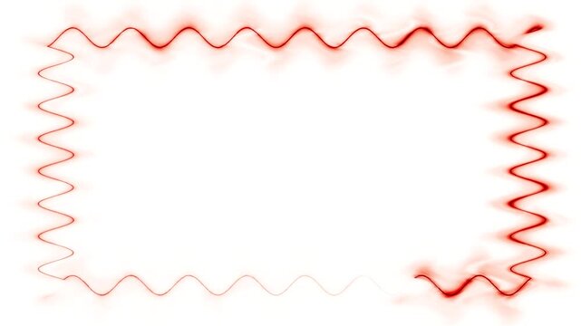 Long rectangular horizontal waving colorful red neon lights with smoke moving around light, closed frames on white background. Space for your own content.