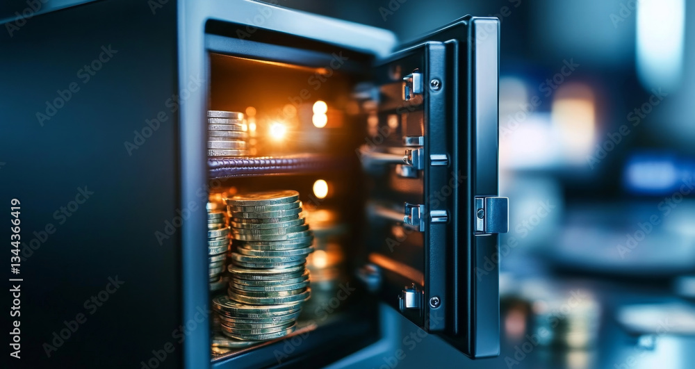Leinwandbilder a secure safe with an open door reveals stacks of coins inside, highlighting the importance of priva