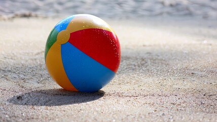 Obraz premium Colorful beach ball on wet sandy shore