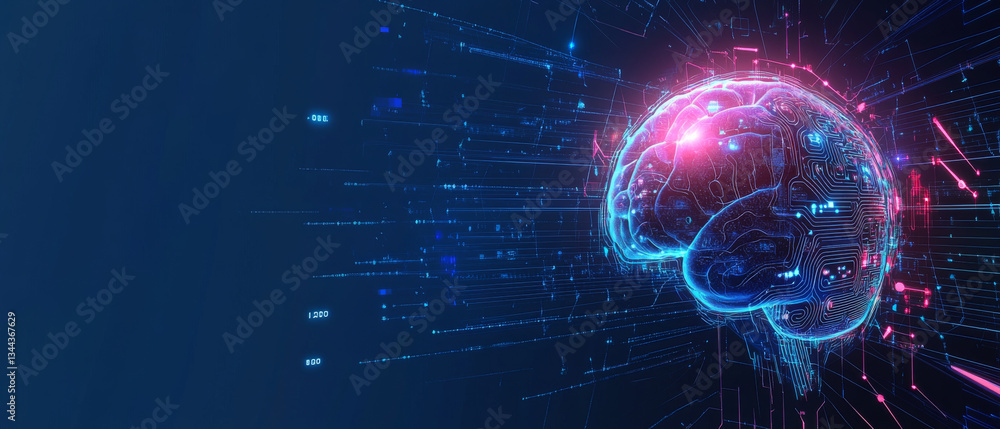Poster futuristic digital brain illustration showcasing advanced technology and artificial intelligence. vi