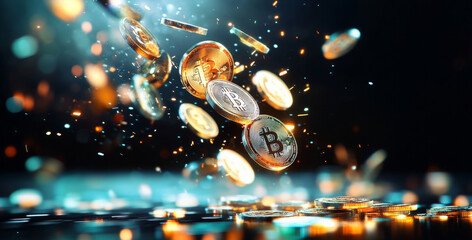 Coins depicting cryptocurrency float dynamically, symbolizing the importance of security and privacy in modern banking transactions. A dark background enhances the glow of the coins.