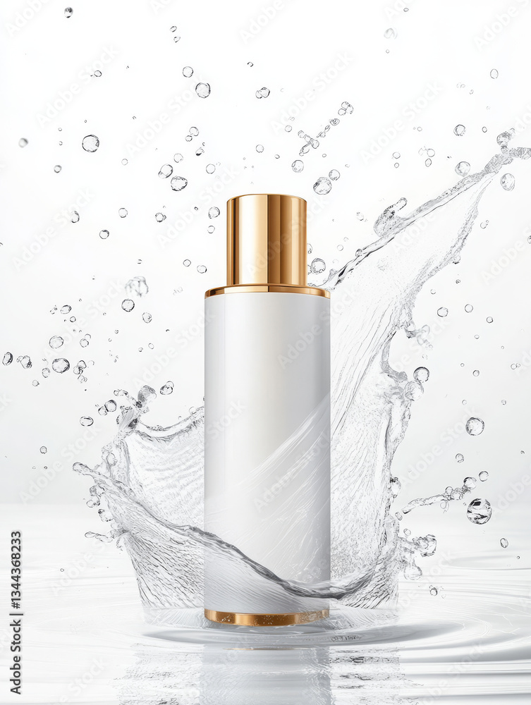 Poster luxurious skincare bottle is elegantly displayed amidst splashes of water, creating refreshing and c