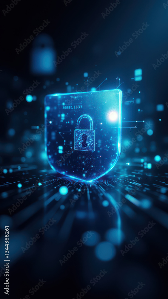 Poster cybersecurity concept with a lock-like icon amidst digital circuitry and glowing blue particles.