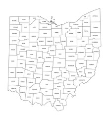 State of Ohio subdivided into 88 counties, outline map. State in the Midwestern region of the United States, nicknamed The Buckeye State, Birthplace of Aviation, and The Heart Of It All. Vector