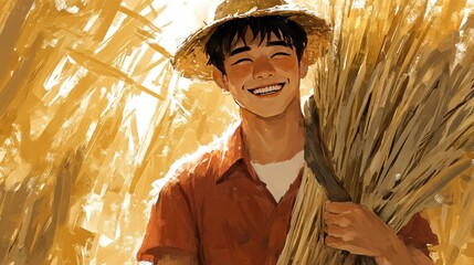 Young farmer smiling while holding harvested wheat in a sunny field, with golden crops in background