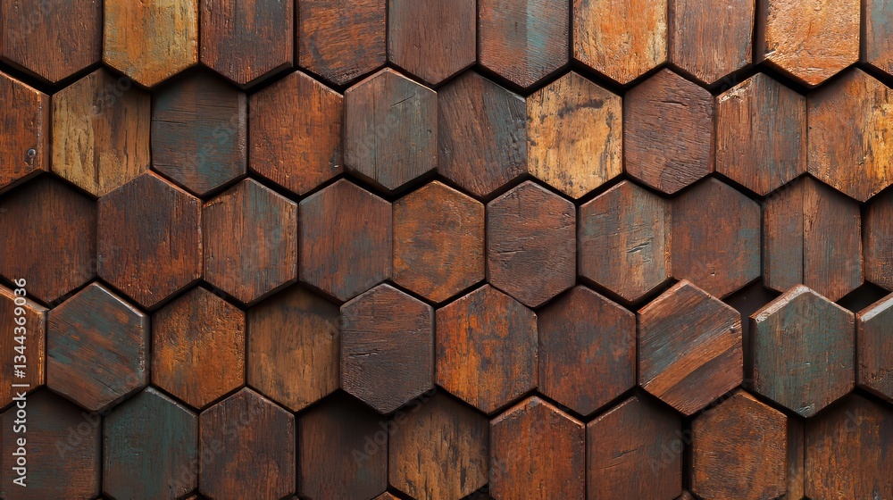 Poster a wall formed by 3d, wood mosaic tiles in a hexagonal pattern, featuring a soft sheen and block-like
