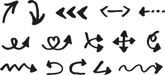 Collection of 15 isolated hand-drawn black arrows in various styles and forms. Curved, straight, zigzag, decorative arrows showcase movement and direction with authentic sketchy aesthetic.
