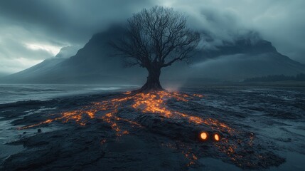 Fototapeta premium Lonely tree on volcanic beach with glowing lava roots, dark moody sky and mountains.