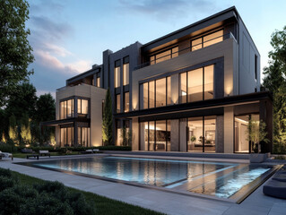 modern luxury house with large glass windows, elegant architecture, and serene swimming pool surrounded by lush greenery creates tranquil atmosphere. evening lighting enhances beauty of structure