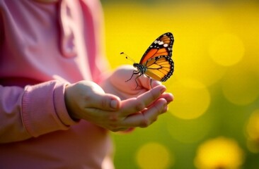 Woman and butterfly in meadow at sunrise, closeup. Health, spring, freedom, beauty