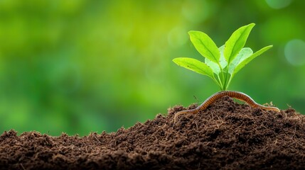 Fototapeta premium Green Plant Emerging from Soil with Earthworm under Natural Light