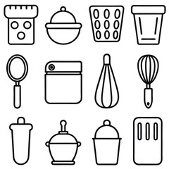 A set of kitchen icons featuring various utensils, cups, and cooking symbols in a simple, clean design