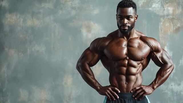 A video with a muscular man on the background of a textured wall, would be suitable for fitness content, sports supplements ads or motivational videos.
