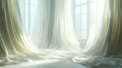 Sunlight streams through sheer curtains pooling on the floor near a bright window. Serene, minimalist scene