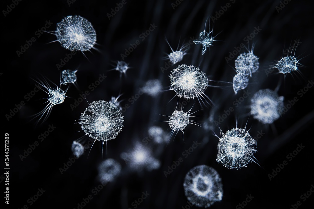 Poster abstract blue glowing neural network cells microscopic view 3d render