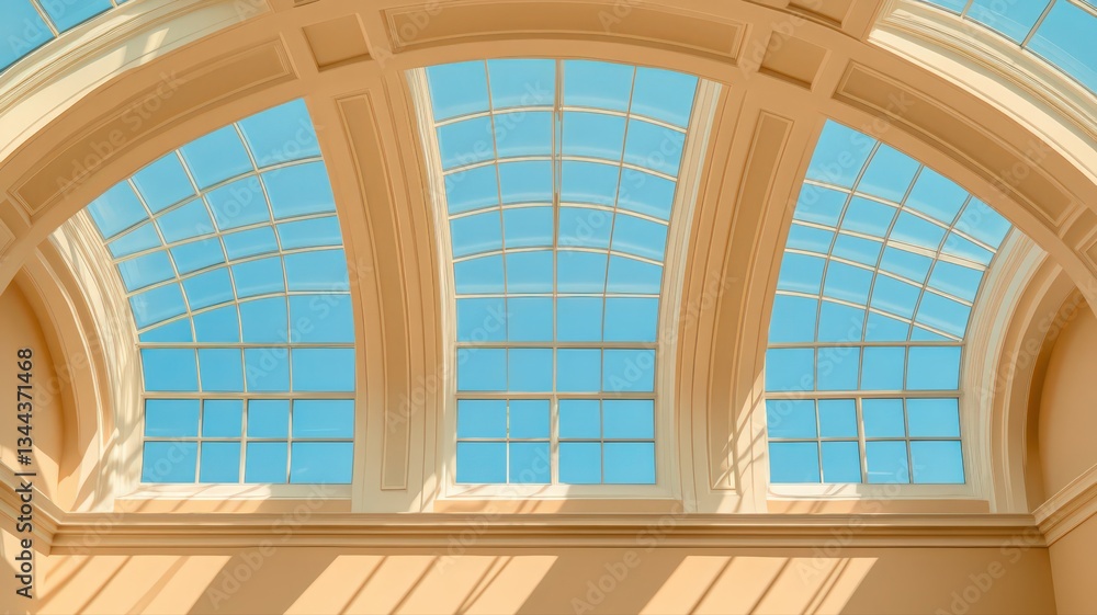 Poster Arched Skylight with Three Rectangular Windows Casting Warm Shadows on Pale Walls