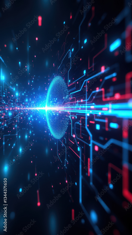Poster illustration of a cybernetic interface with advanced technology and security elements such as two-fa