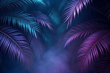 Abstract Tropical Palm Leaves in Neon Purple and Blue Lighting with Mystical Fog