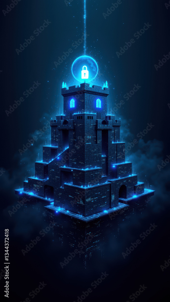 Poster a futuristic castle floating amidst a cloud of digital particles, symbolizing cyber security and tec
