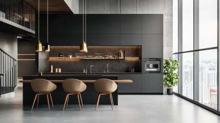 Industrial minimalist two story attic loft kitchen, anthracite walls, oversized sand colored armchairs, brass pendant lights, LED framed artwork