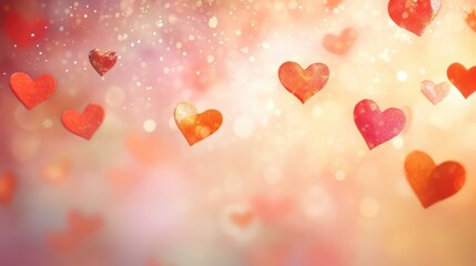 Red hearts fall; bokeh background, Valentine's