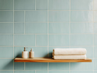 A wooden shelf for product placement mounted on blue tiled, clean and modern background with stack of towels and dispensers in a bathroom setting