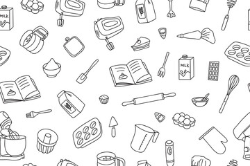 Seamless pattern of baking accessories. Kitchen utensils in doodle style on white background. Fashionable print for your design