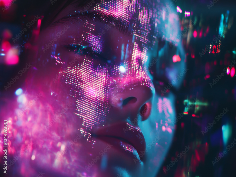 Poster mesmerizing close up of person face, overlaid with vibrant holographic patterns and digital elements