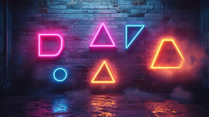 Neon shapes on brick wall with smoke.
