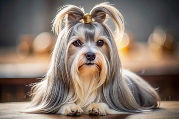 Naklejka premium Silky Gray & White Dog, Topknot Hairstyle - Candid Pet Portrait