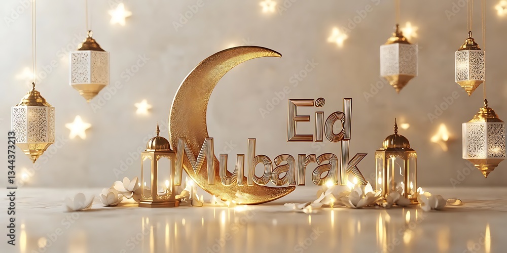 Fototapete 3d rendering of the phrase eid mubarak in golden lettering, with a crescent moon and lanterns hangin