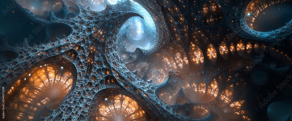 Poster fractal structures, complex network of light and dark in digital art