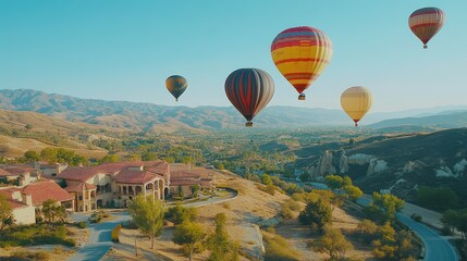 Obraz premium Hot air balloons soar, valley estate