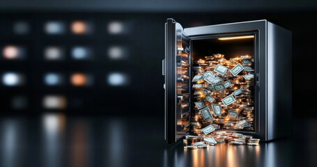 A safe with an open door displays stacks of cash and coins, symbolizing privacy and security in banking. The background showcases a softly lit environment, enhancing the focus on the safe.