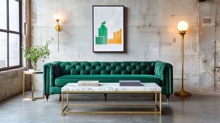 Loft meets Art Deco living room, raw concrete walls, plush emerald tufted sofa, brass sconces, marble coffee table, cityscape at dusk