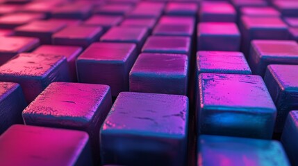 Obraz premium A 3D render featuring neatly constructed glossy cubes in violet and orange hues set against an innovative tech background