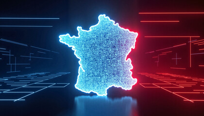 Futuristic digital map of France with neon glow, high-tech design