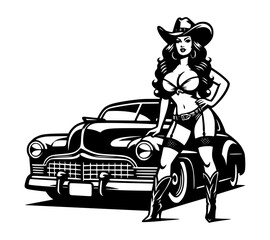 A vector silhouette of a cowgirl standing next to a classic car, wearing a cowboy hat.