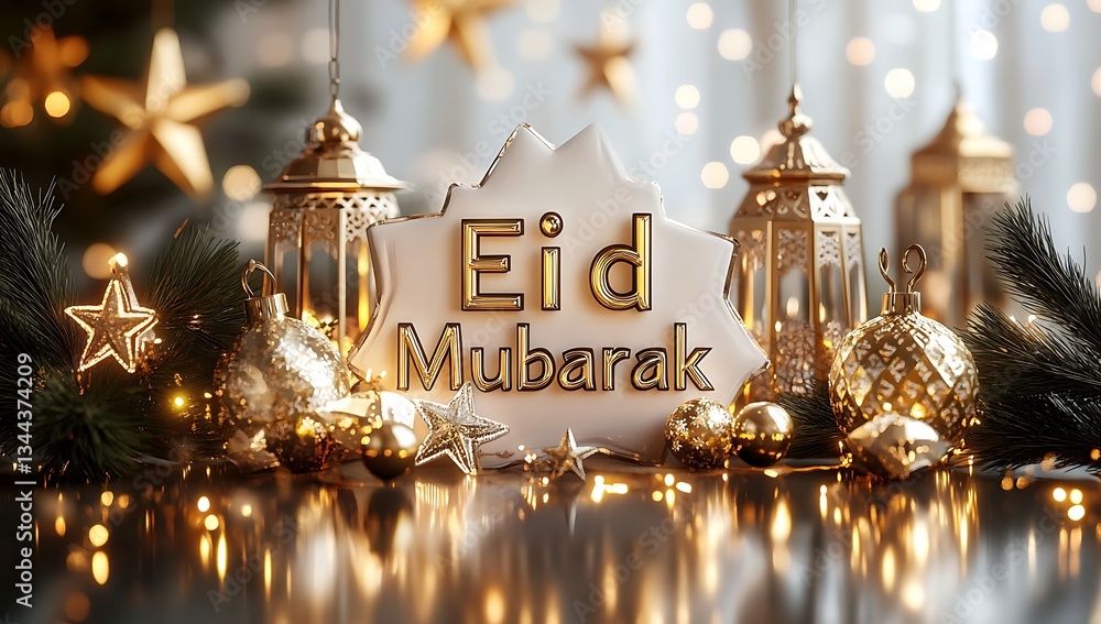 Fototapete 3d rendering of the phrase eid mubarak in golden lettering, with a crescent moon and lanterns hangin