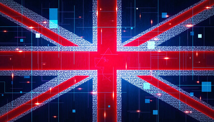 Futuristic United Kingdom flag with digital grid overlays, high-tech design
